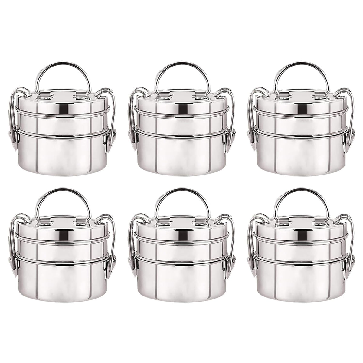 Kuber Industries Pack of 6 Clipper Stainless Steel Tiffin Box | Lunch Box with Locking Clip I Silver | Set of 2 Box | Everyday use Home Office Steel Lunch Box (2 Container, 1000ml)
