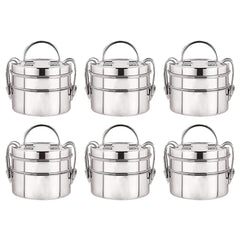 Kuber Industries Pack of 6 Clipper Stainless Steel Tiffin Box | Lunch Box with Locking Clip I Silver | Set of 2 Box | Everyday use Home Office Steel Lunch Box (2 Container, 1000ml)