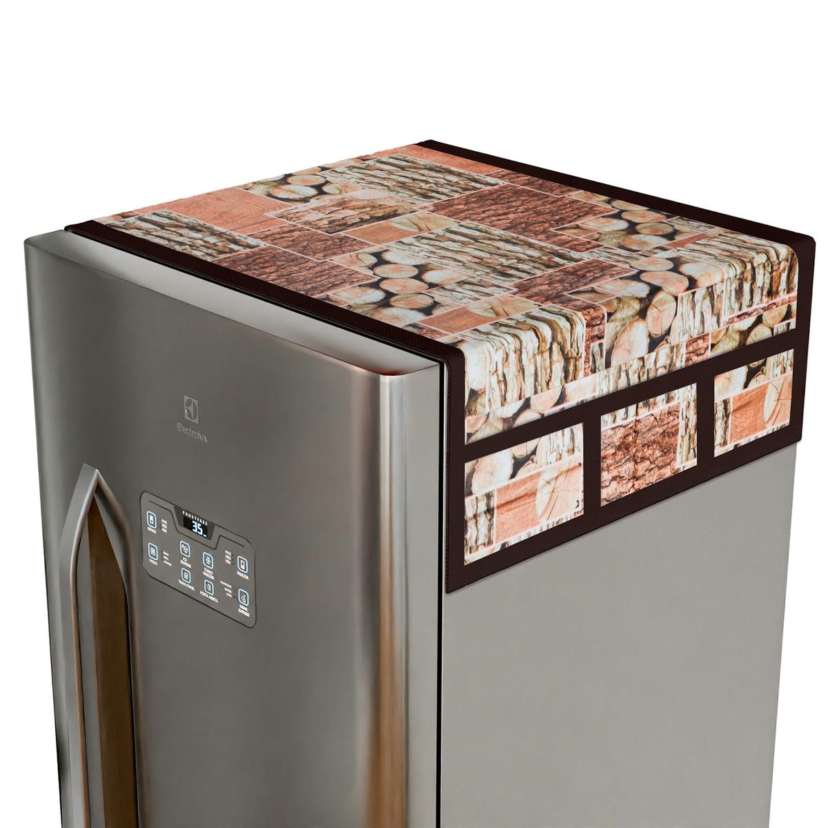 Kuber Industries Fridge Top Cover | Fridge Top Cover with Pockets | Refrigerator Cover for Kitchen | Reversable Fridge Top Cover with 6 Utility Pockets | Stone Fridge Cover | Brown