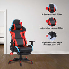 Kuber Industries Ergosmart PC Gaming Chairs with Wheels | Comes with Headrest, Lumbar Support Cushions & Footrest | Comfortable Chair for Long Sitting & Back Pain Relief | WC2022-1F-Black & Red