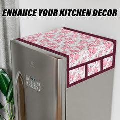 Kuber Industries Fridge Top Cover | Fridge Top Cover with Pockets | Refrigerator Top Cover for Kitchen | Fridge Top Cover with 6 Utility Pockets | Barik Flower Fridge Cover | Pink