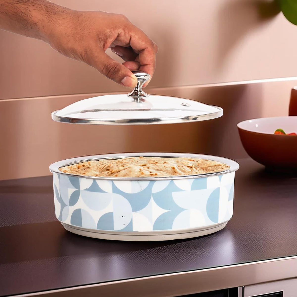 Kuber Industries Pack of 3 Stainless Steel Insulated Hotpot Roti Box with Transparent Glass Lid | 1.5L Chapati Casserole for Dining Table - Light Blue
