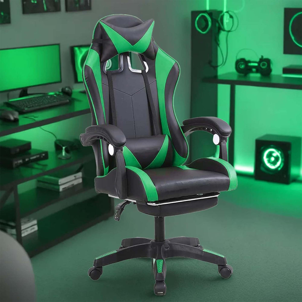 Kuber Industries Ergosmart PC Gaming Chairs with Wheels | Comes with Headrest, Lumbar Support Cushions & Footrest | Comfortable Chair for Long Sitting & Back Pain Relief | 2023-6F-GRN-Black & Green