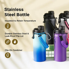 Kuber Industries Water Bottle | Steel Water Bottle for Daily Use | Vacuum Insulated Flask Water Bottle with Rope | Hot & Cold Water Bottle | 960 ML | LX-230608 | Pack of 3 | Black & Gray