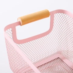 Heart Home Metal Mesh Basket for Storage with wooden handle | 280 gm | Fruit basket for kitchen | Kitchen Organizer | Baskets for organizing home & kitchen | Multipurpose | Pink
