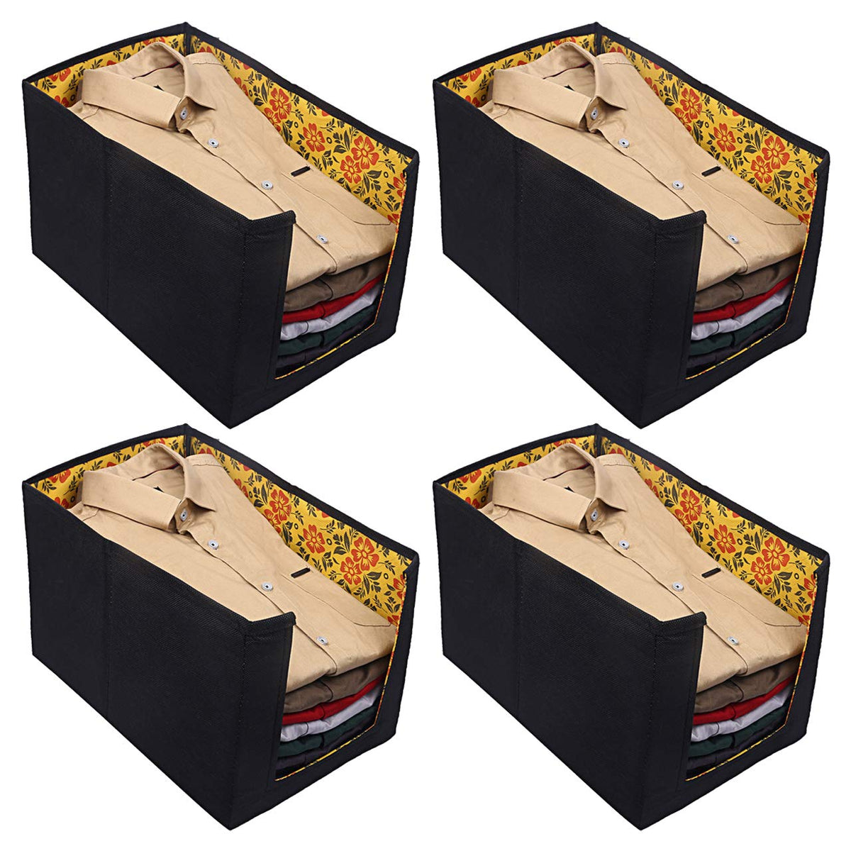 Kuber Industries Flower Design Non-Woven 4 Pieces Shirt Stacker Wardrobe Organizer (Yellow) - CTKTC23235