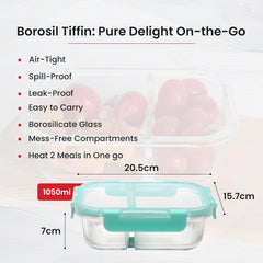 Kuber Industruies ‎980ml Borosilicate Glass Leakproof Tiffin/Lunch Boxes for Office Men, Women & Kids with Snap Lid | Light Weight Food Container Office Lunch Box | 2GF1050RC-Transparent