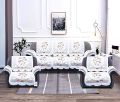 Heart Home Flower Design Cotton 5 Seater Sofa Cover Set with 6 Pieces Arms Cover (Set of 16, Cream)-HEART11986,Standard