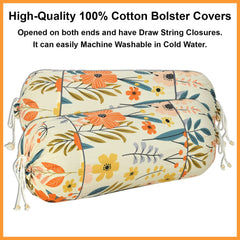 Heart Home Flower Printed Cotton Bolster Cover- Set of 4, 16"x32" (Brown & White)-44HH0143