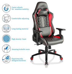 Kuber Industries Ergosmart PC Gaming Chairs with Arm Rest & Wheels | Comes with Headrest & Lumbar Support Cushions | Comfortable Chair for Long Sitting & Back Pain Relief Support | Red & Black