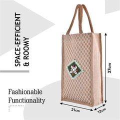 Kuber Industries Lunch Bag | Jute Carry Bag | Lunch Handbag | Lunch Bags for Office | Reusable Lunch Bag with Handle | Tiffin Carry Patch Hand Bag | Small | Brown