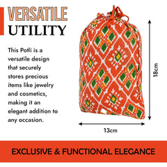 Kuber Industries Potli | Silk Wedding Potli | Drawstring Closure Potli | Wallet Potli | Christmas Gift Potli | Baby Shower Potli | Small-Patola-Print Potli | 5x7 Inch | Pack of 4 | Orange