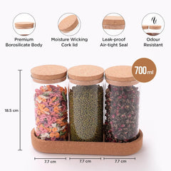 Urbane Home Borosilicate Glass Jars for Kitchen with Cork Lid and Cork Tray | Kitchen Containers Set | Pack of 3 | 700ml | Airtight Glass Containers with lid | Multipurpose | Transparent