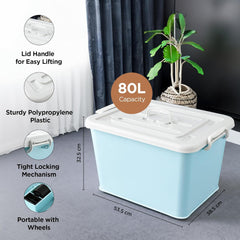 Homestic Storage Box with Lid and Double Side Handles | 80L Large Capacity | Dustproof and Stackable | Square Box for Storage Multipurpose | Storage Box Organizer for Clothes/Toys | Blue