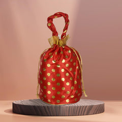 Kuber Industries Potli|Round Wedding Potli|Silk Drawstring Potli|Wallet Potli with Handle|Christmas Gift Potli|Baby Shower Potli|Traditional Shagun Potli|Golden Dot-Potli|Pack of 8|Red