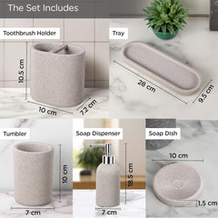 Urbane Home 5-Piece Polyresin Bathroom Accessories Set |Toothbrush Holder, Soap Dispenser, Tumbler, Tray | Accessories for Bathroom & Kitchen | Moisture-Resistant & Scratch-Proof | Khaki