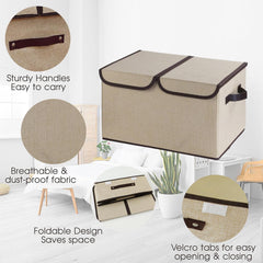 Kuber Industries Double Lid Foldable Storage Box|Toys Storage Bin|Wardrobe Organizer For Clothes|Front Handle & Stackable Pack Of-2 (Beige)