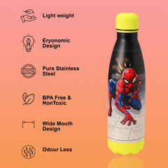 Kuber Industries 500 ml Water Bottle with 2 Lids | Marvel Spiderman | Stainless Steel Bottle for Travel-Gym & Sports | BPA-Free Insulated Sipper Bottle for Adults & Kids with Straw | Red | Pack of 3