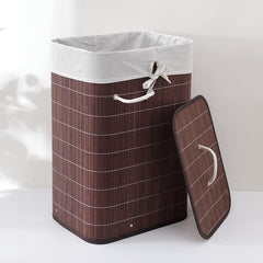 Kuber Industries Bamboo Basket With Lid|Foldable Laundry Basket For Clothes|Durable Rope Handles & Removable Bag|Dark Brown| (Pack Of 2)