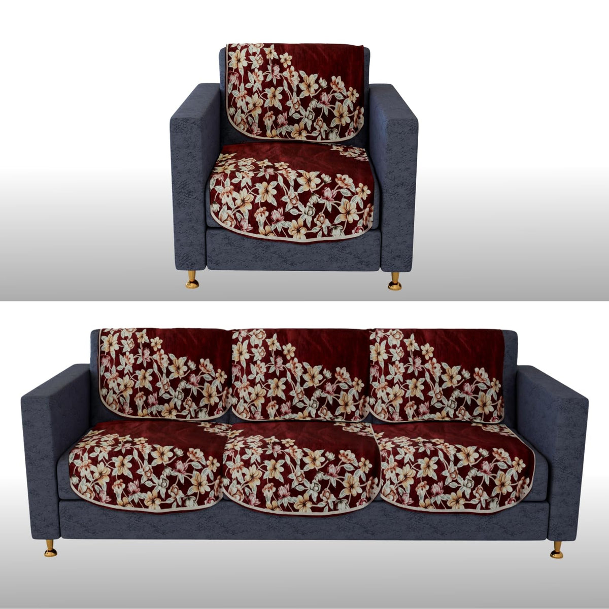 Heart Home Sofa Cover | 3+1 Seater Sofa Slip Cover Set | Side Flower Sofa Cover | Velvet Couch Cover | Sofa Slipcover Set | Sofa Cover for Living Room | Maroon