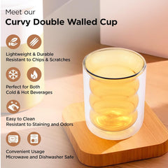 Kuber Industries Double Wall Borosilicate Glass Coffee Mug Set of 2-200ml | Unique Curvy Design | High Thermal Resistance | Microwave/Dishwasher Safe | Gifting Pack for Friends/Couples | Yellow