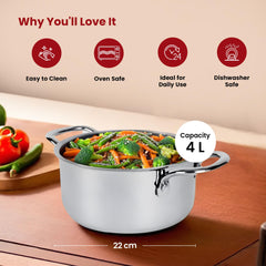 Kuber Industries 4L Stainless Steel Tope Set/Vessels for Cooking with Lid & Handle| Induction Safe Heavy Duty Gauge Boiling & Cooking Patila/Topiya/Bhagona Steel Utensils | Silver