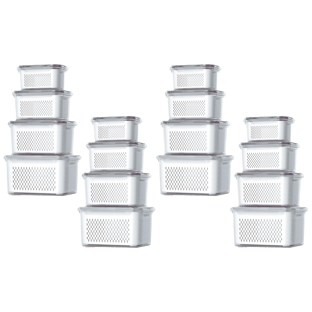 Kuber Industries 16 Pcs Food Containers | Storage Box for Fridge | Vegetable Fruit Boxes | Refrigerator Storage Box | Containers With Lid | Handheld Strainer Basket | HXP00740 | Transparent|Pack of 4