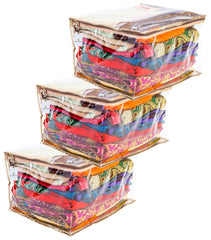 Heart Home 3 Pieces Transparent Fabric Saree Cover/Clothes Organiser for Wardrobe Set, Extra Large (Golden)- HEART7005
