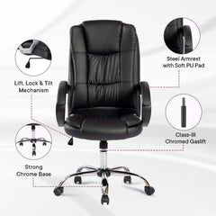 Kuber Industries Ergonomic Leather Office Chairs for Work From Home | Comes with Manual Height Adjustable, Armrest, Headrest & Lumbar Support | Comfy Study Chair for Students with Wheels | Black