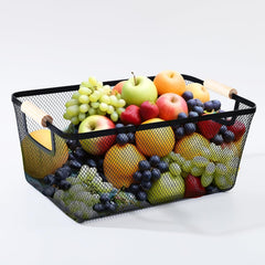 Heart Home Metal Mesh basket for storage with wooden handle | 440 gm | Fruit basket for Kitchen | Kitchen Organizer | Baskets for organizing home and kitchen | Multipurpose | Black