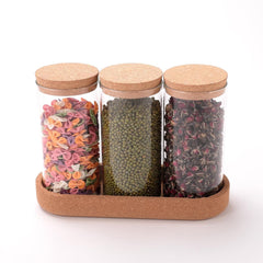 Urbane Home Borosilicate Glass Jars for Kitchen with Cork Lid and Cork Tray | Kitchen Containers Set | Pack of 3 | 700ml | Airtight Glass Containers with lid | Multipurpose | Transparent
