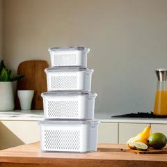Kuber Industries 8 Pcs Food Containers | Storage Box for Fridge | Vegetable Fruit Boxes | Refrigerator Storage Box | Containers With Lid | Handheld Strainer Basket | HXP00740 | Transparent |Pack of 2