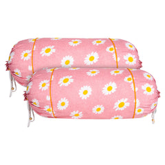 Heart Home Bolster Cover | Cotton Masand Pillow Cover | Diwan Round Bolster Pillow Covers | Bolster Cushion Pillow Cover Set | Roll Masand Cover | White Flower | Pack of 2 | Pink
