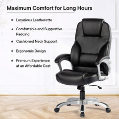 Heart Home Leather Office Chairs for Work from Home | Comes with Manual Height Adjustable, Armrest, Headrest & Lumbar Support | Comfy Study Chair for Students with Wheels | Black | SAVOC111BLK