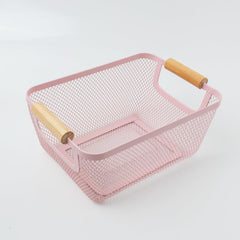 Heart Home Metal Mesh Basket for Storage with wooden handle | 280 gm | Fruit basket for kitchen | Kitchen Organizer | Baskets for organizing home & kitchen | Multipurpose | Pink