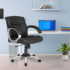 Kuber Industries Ergonomic Leather Office Chairs for Work From Home | Comes with Manual Height Adjustable, Armrest, Headrest & Lumbar Support | Comfy Study Chair for Students with Wheels | Black