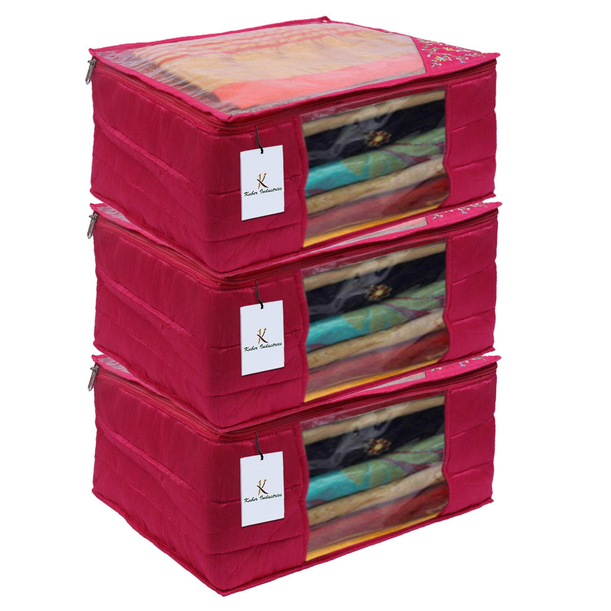 Kuber Industries 3 Layered Quilted Silk 3 Pieces Saree Cover (Pink) -CTLTC010634