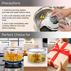 Kuber Industries Borosilicate Glass 1.45L Saucepan with Lid & Handle | Induction Pan Cookware | Handi for Cooking | Microwave Safe | Cooktop for Tea/Milk/Pasta/Noodles/Rice | Transparent-Flower Print