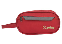 Kuber Industries Multiuses Rexine Travel Toiletry Bag/Shaving Kit/Dopp Kit/Cosmetic Bag with 3 Zipper Compartments & Carrying Strip (Red), (49KM0613) | Convenient and Stylish Travel Organizer