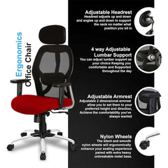 Kuber Industries Ergonomic Office Chairs for Work From Home | Comes with Manual Height Adjustable, Armrest, Headrest & 2D Lumbar Support | Comfy Study Chair for Students with Wheels | Black & Red Seat