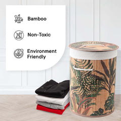 Kuber Industries Foldable Bamboo Laundry Basket For Clothes With Lid & Rope Handle | Eco Friendly Washing Clothes Bucket/Storage Box Organizer | BS016-Leaf Print - Natural Wooden Brown