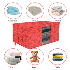 Heart Home Underbed Storage Bag | Clothes Storage Organizer | Blanket Cover with Clear Window | Zipper Closure & Handle Cloth Organizer | New Flower-Design | Large | Pack of 4 | Red