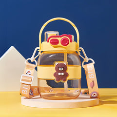 Kuber Industries Pack of 5 Kids Water Bottle With Straw |Cute Teddy Bear Sipper Water Bottle For Kids Boys Girls| Water Bottle with Locking Flip Lid | 1000 ML | Yellow | SYZ-7728B