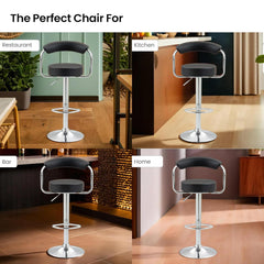Heart Home Curvy Bar Stool Chair for Kitchen with PU Leather Seat Cushion, Footrest & 360 Swivel | 32 inch Height Adjustable High Chair for Breakfast Counter & Cafeteria | Black & Chrome
