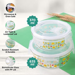 Urbane Home Pack of 2 Borosilicate Kitchen Containers set with Lid | Fridge Storage | Glass Containers with Lid | Microwave Safe | Leakproof | Airtight | Multipurpose | 370ml & 635ml |Transparent