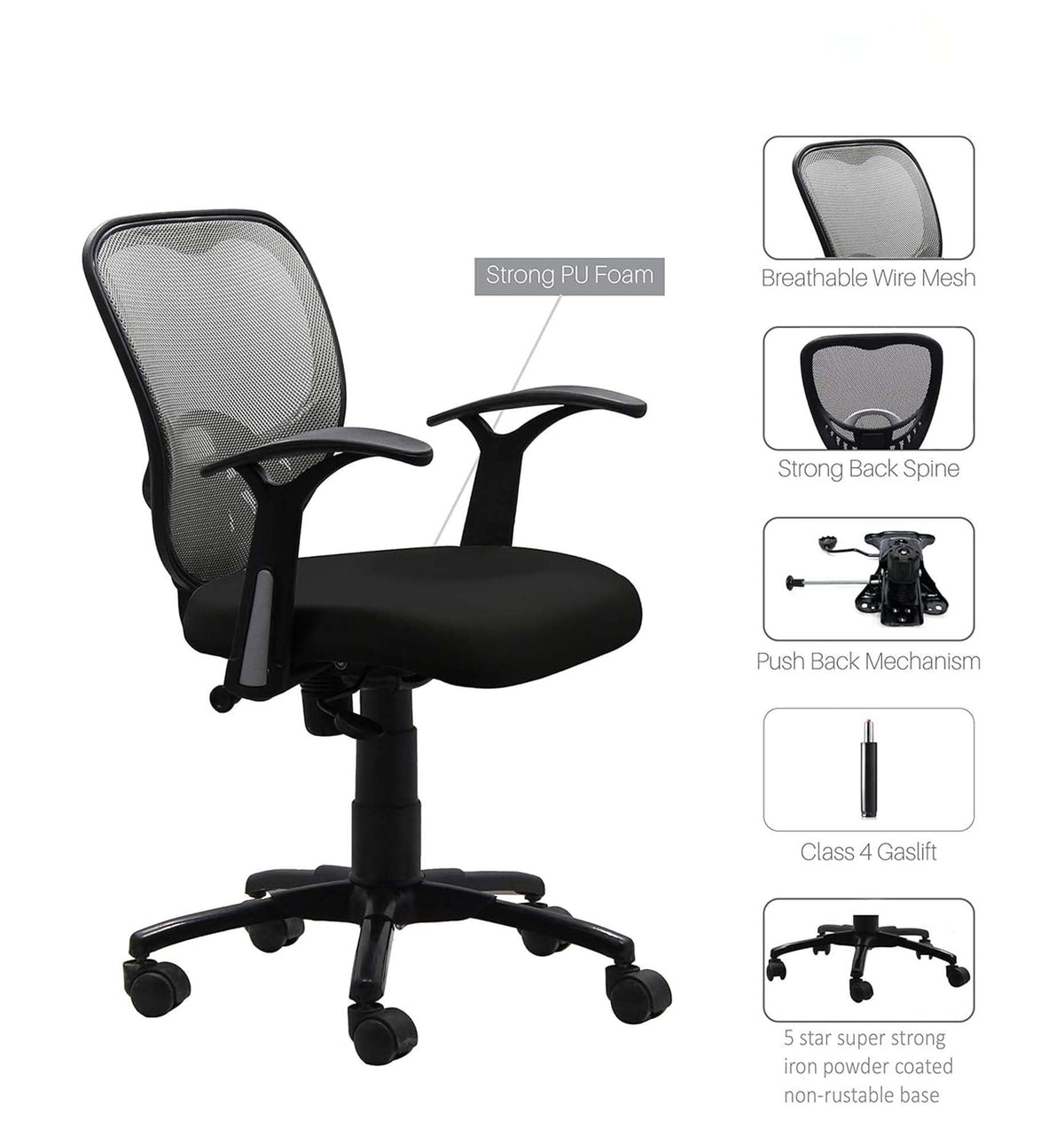 Kuber Industries Ergonomic Office Chairs for Work From Home | Comes with Manual Height Adjustable, Armrest & 2D Lumbar Support | Comfy Study Chair for Students with Wheels | Black