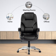 Heart Home Leather Office Chairs for Work from Home | Comes with Manual Height Adjustable, Armrest, Headrest & Lumbar Support | Comfy Study Chair for Students with Wheels | Black | SAVOC111BLK