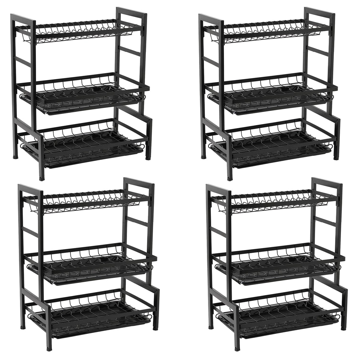 Kuber Industries 3-Layer Dish Drying Rack|Storage Rack for Kitchen Counter|Drainboard & Cutting Board Holder|Premium Utensils Basket|Free Mounting Pack of 4 (Black)