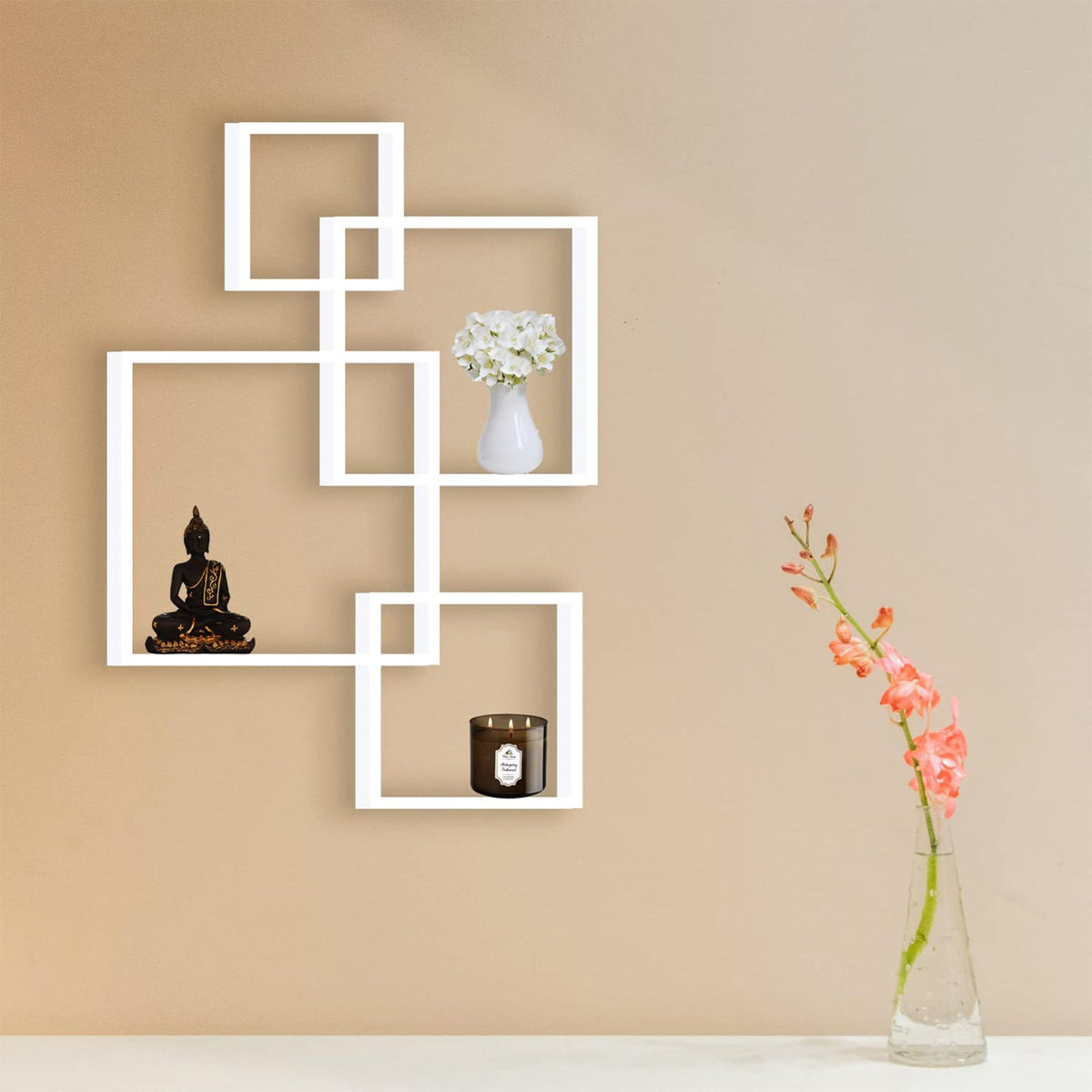 Heart Home Wooden 4 Intersecting Wall Mount Wooden Wall Shelf for Bedroom & Living Room | DIY Assembly Book Shelve for Home Library | Wall Rack Shelf for Decor | White