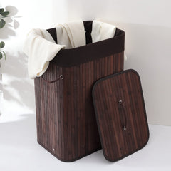 Kuber Industries Bamboo Basket With Lid|Foldable Laundry Basket For Clothes|Durable Rope Handles & Removable Bag|Pack Of 3|Dark Brown